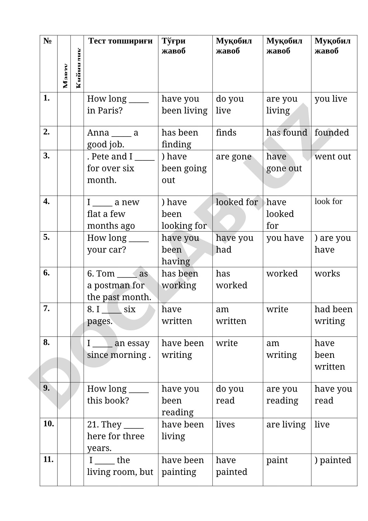 Present Perfect and Present Perfect Continuous Tense Test