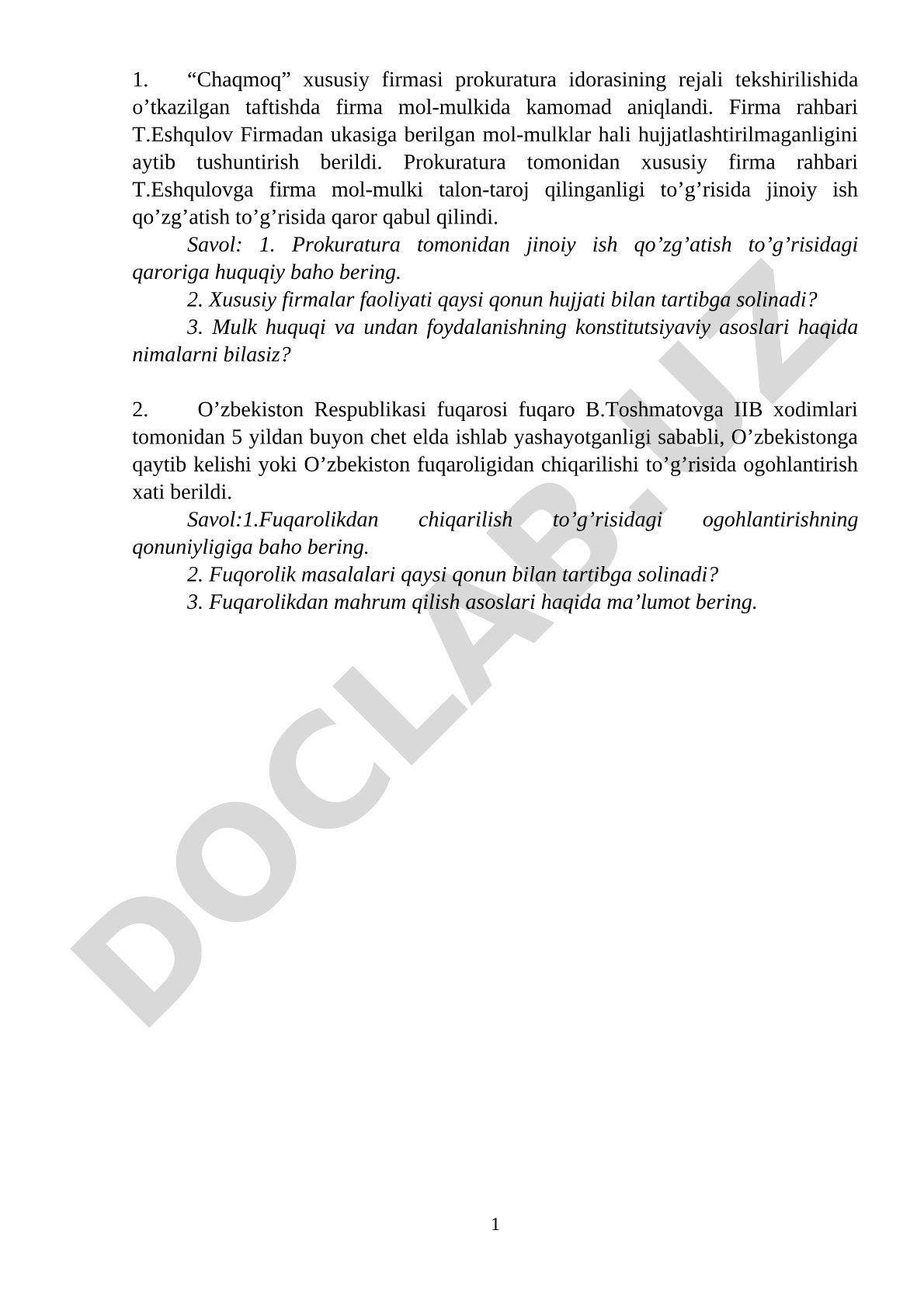 Xususiy firma prokuratura tekshiruvi va fuqarolik masalalari