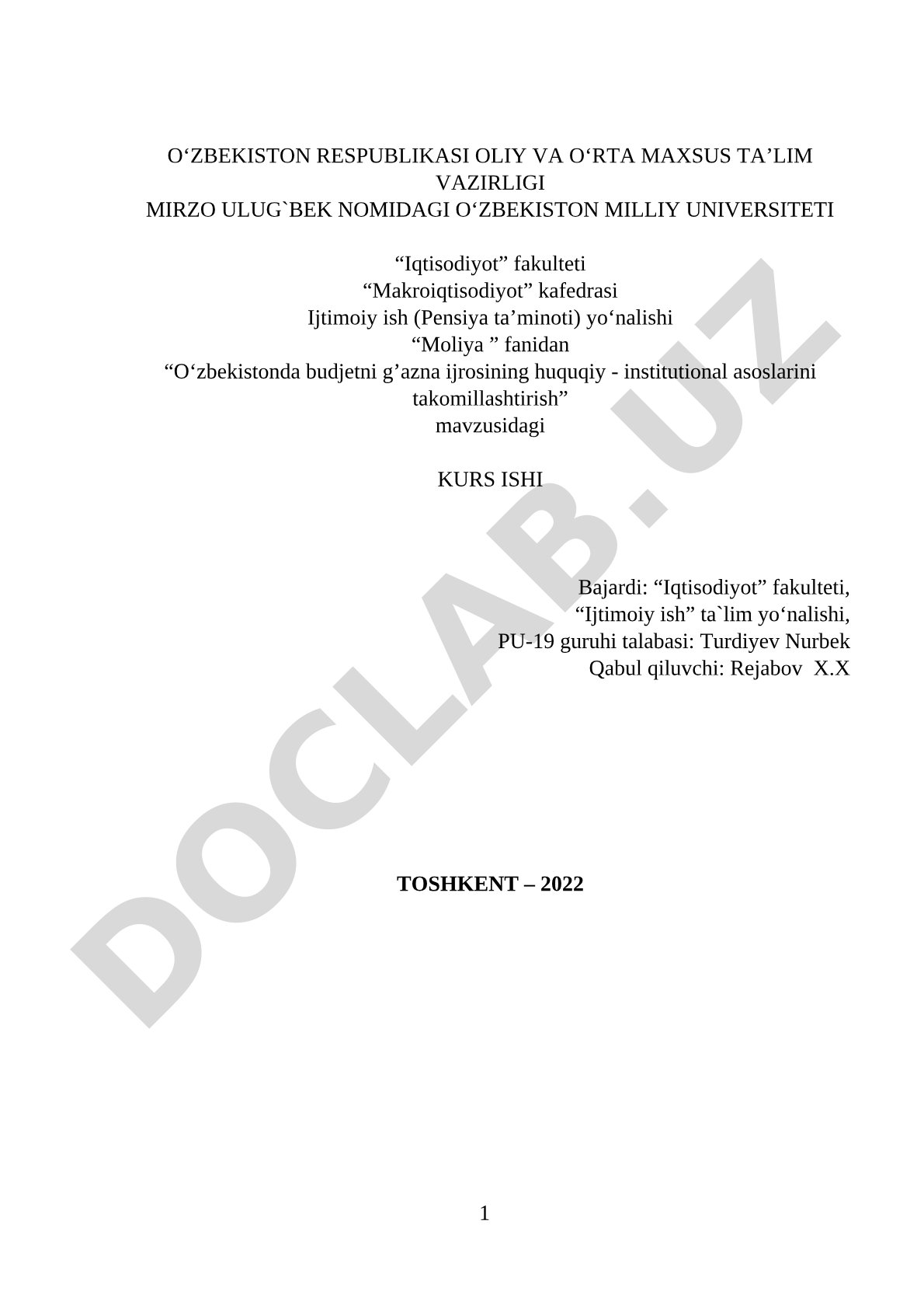 O‘zbekistonda budjetni g‘azna ijrosining huquqiy-institutsional asoslarini takomillashtirish