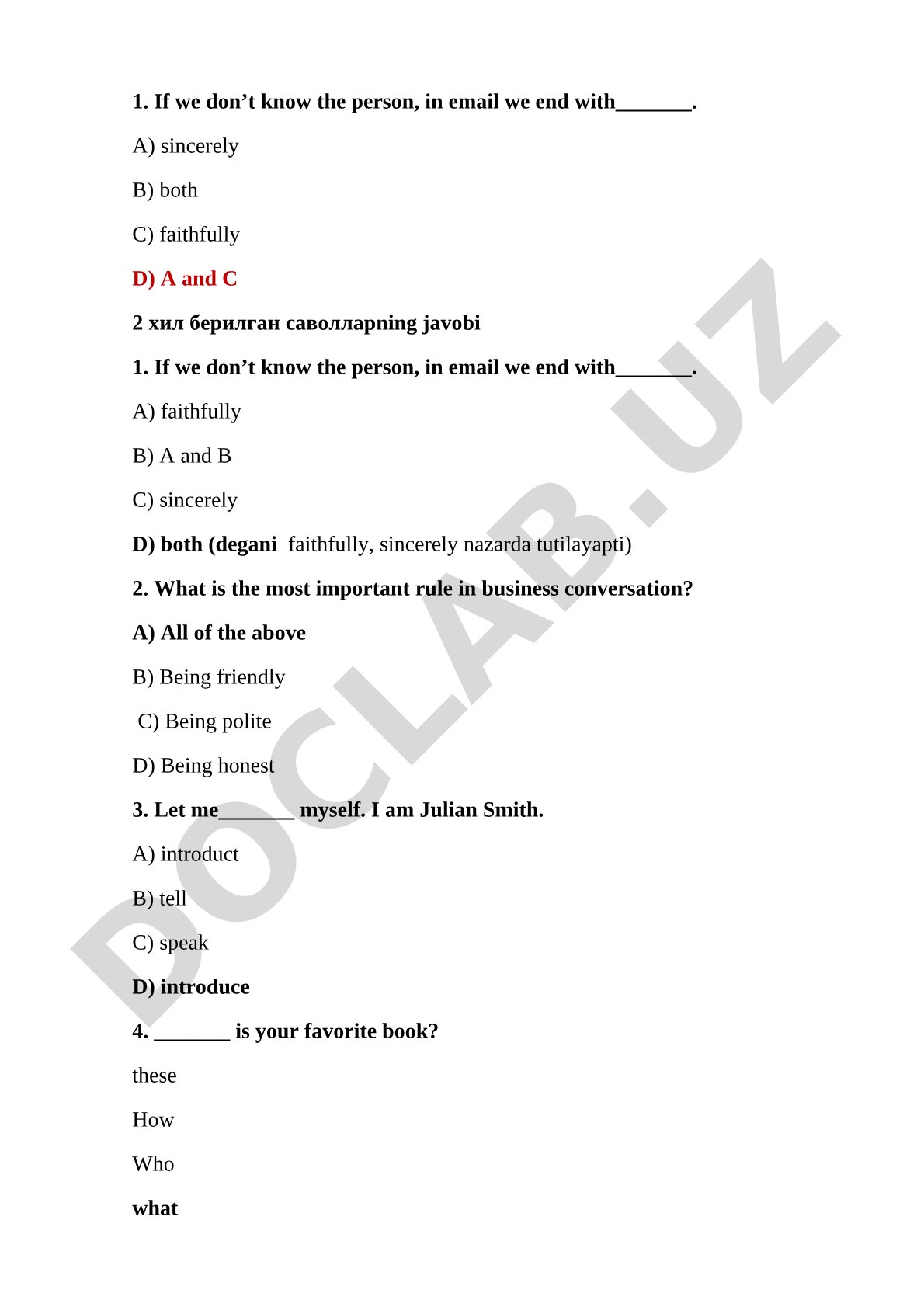 Business English Multiple Choice Questions