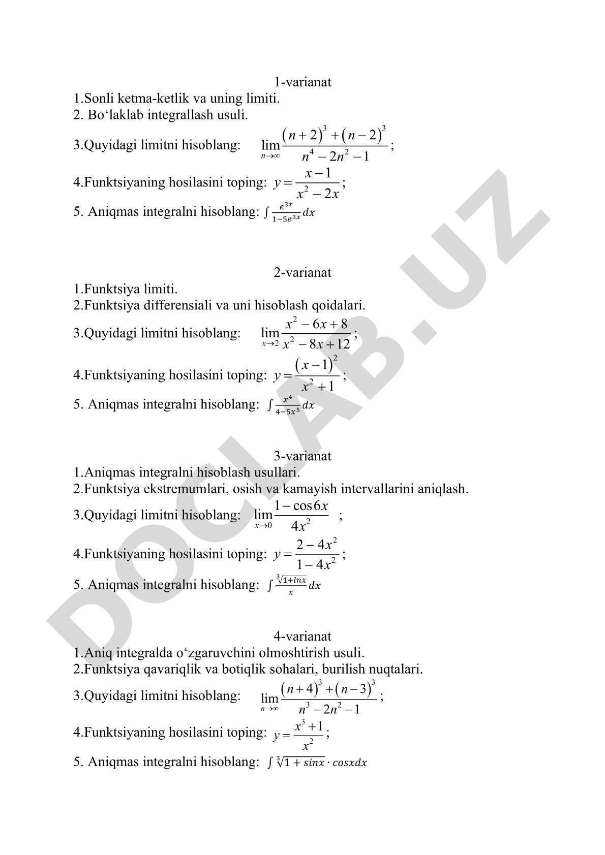 Matematik analizdan limit, hosila va integralga oid variantlar