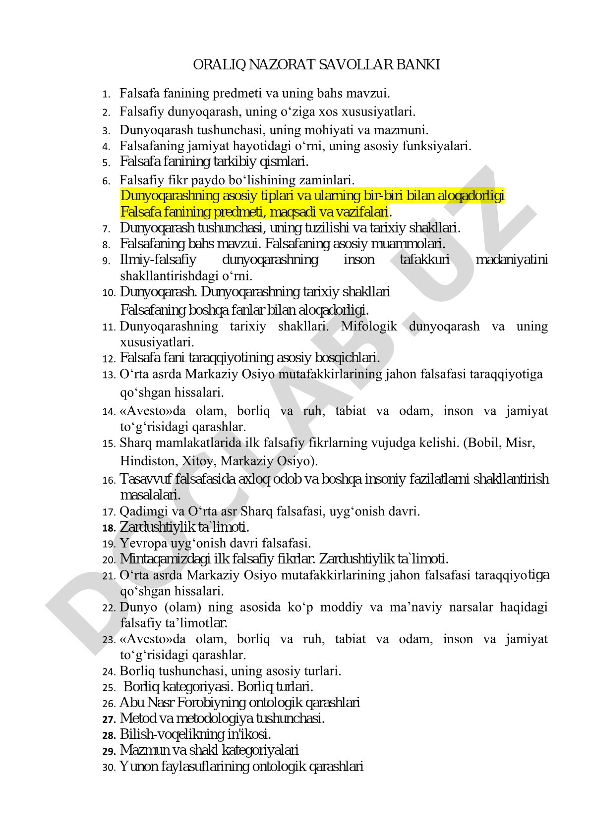 Falsafa fanidan oraliq nazorat savollar banki
