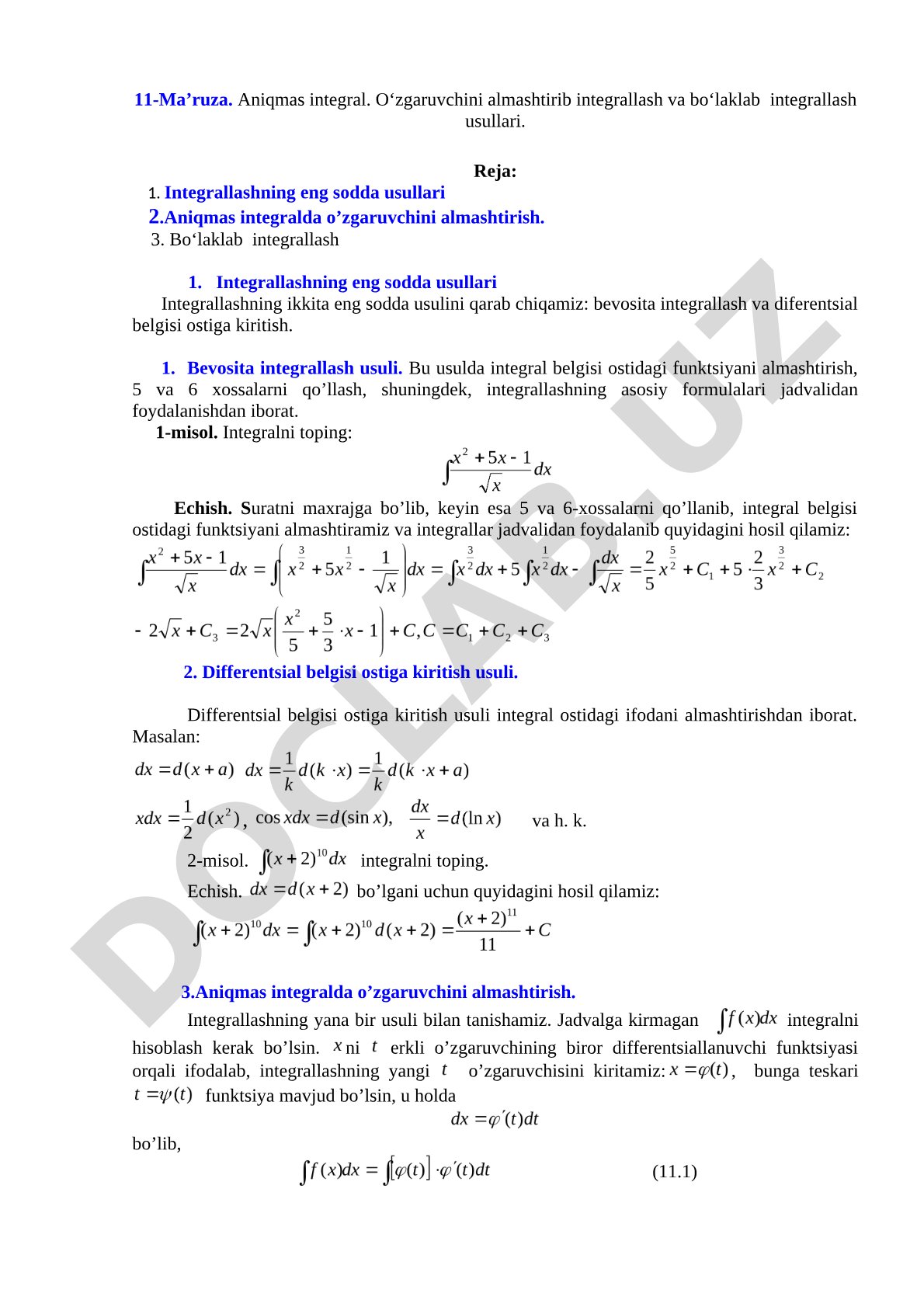Aniqmas integral. O‘zgaruvchini almashtirib integrallash va bo‘laklab integrallash usullari
