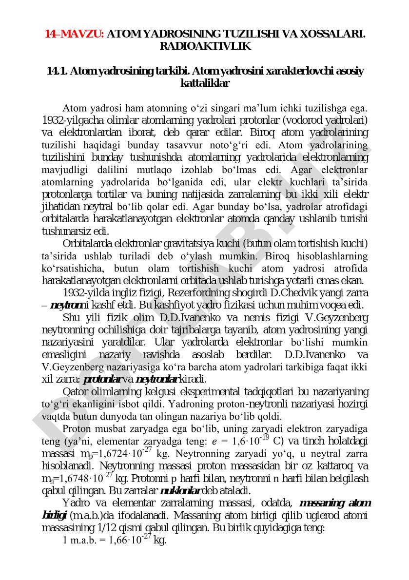 ATOM YADROSINING TUZILISHI VA XOSSALARI. RADIOAKTIVLIK