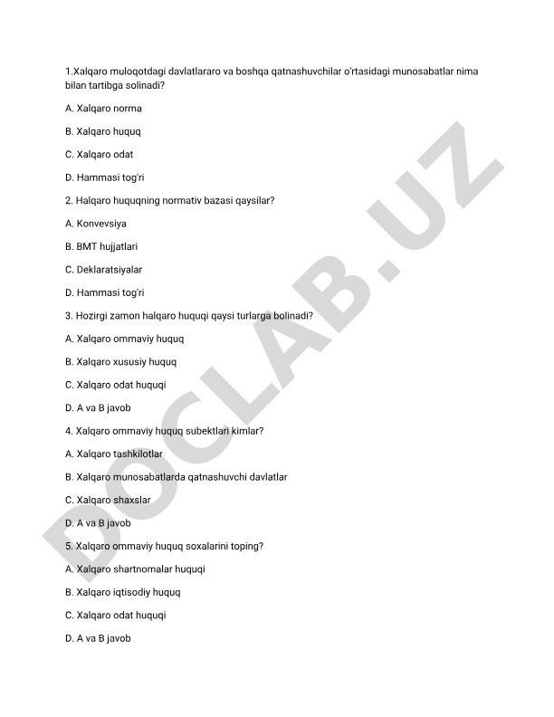 Xalqaro huquq test savollari