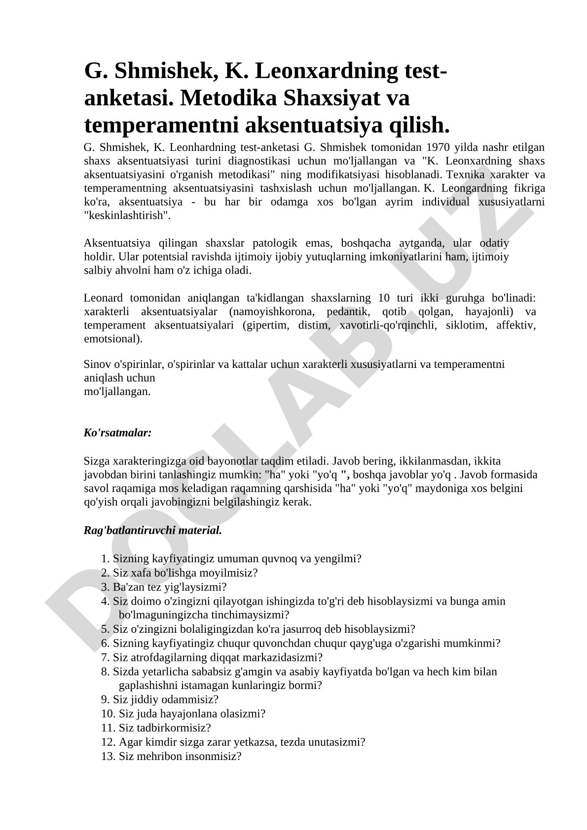G. Shmishek va K. Leonxardning shaxs aksentuatsiyasi test-anketasi