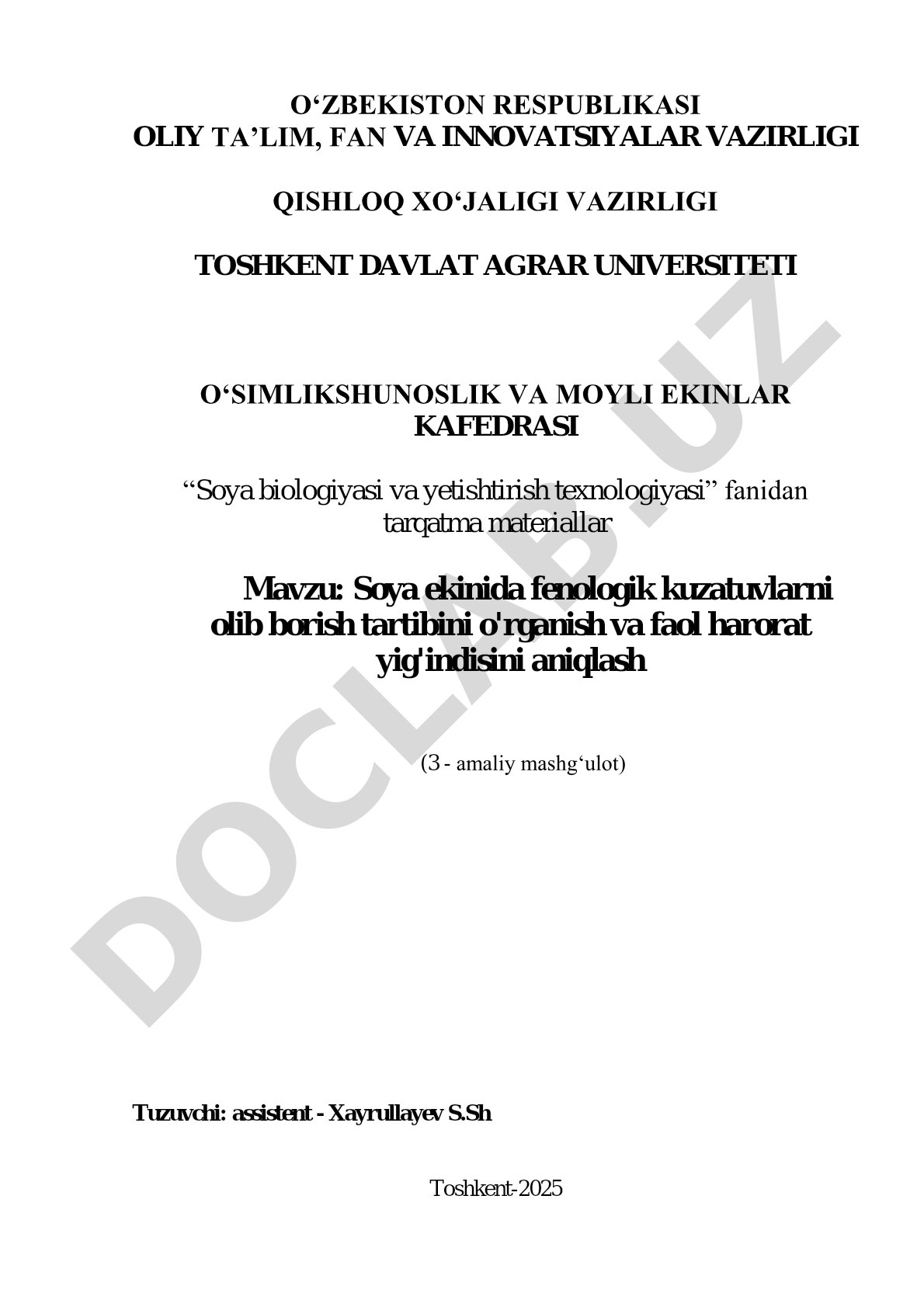 Soya ekinida fenologik kuzatuvlarni olib borish tartibini o'rganish va faol harorat yig'indisini aniqlash