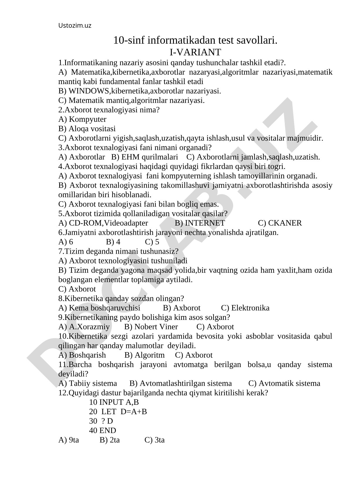 10-sinf informatikadan test savollari