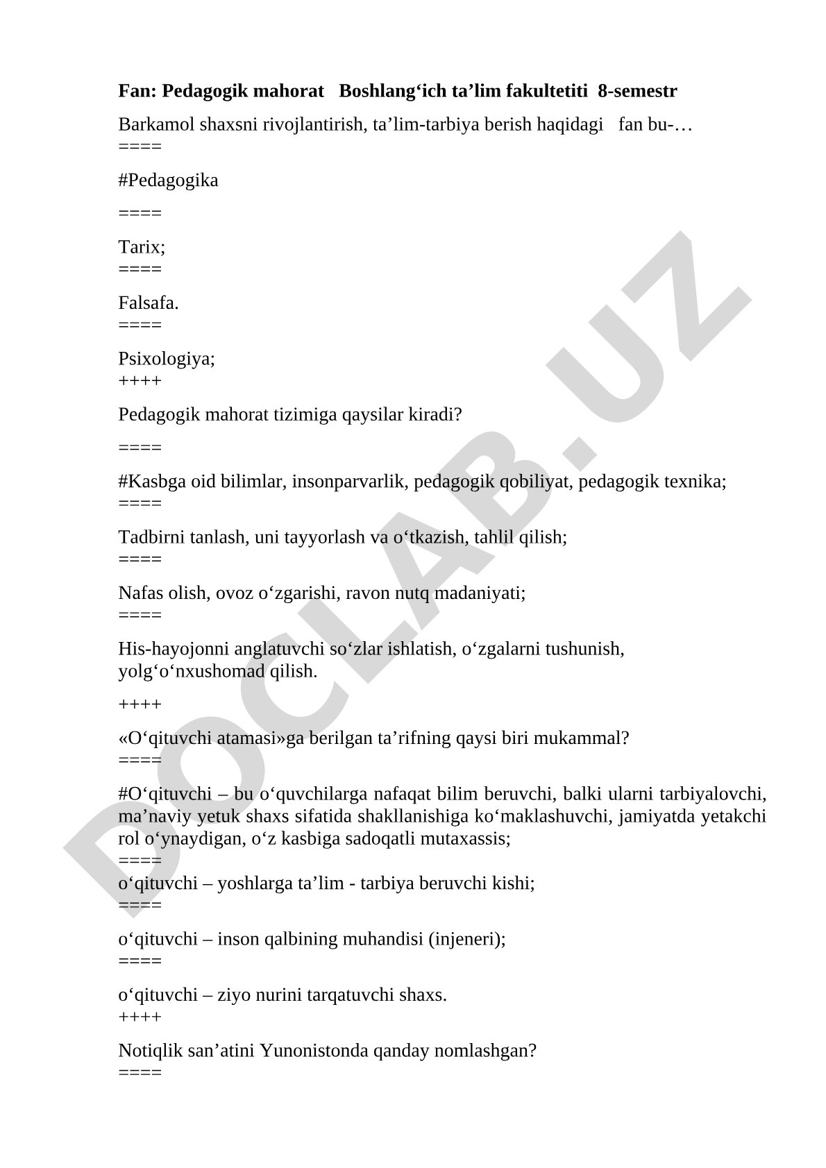 Pedagogik mahorat fanidan test savollari