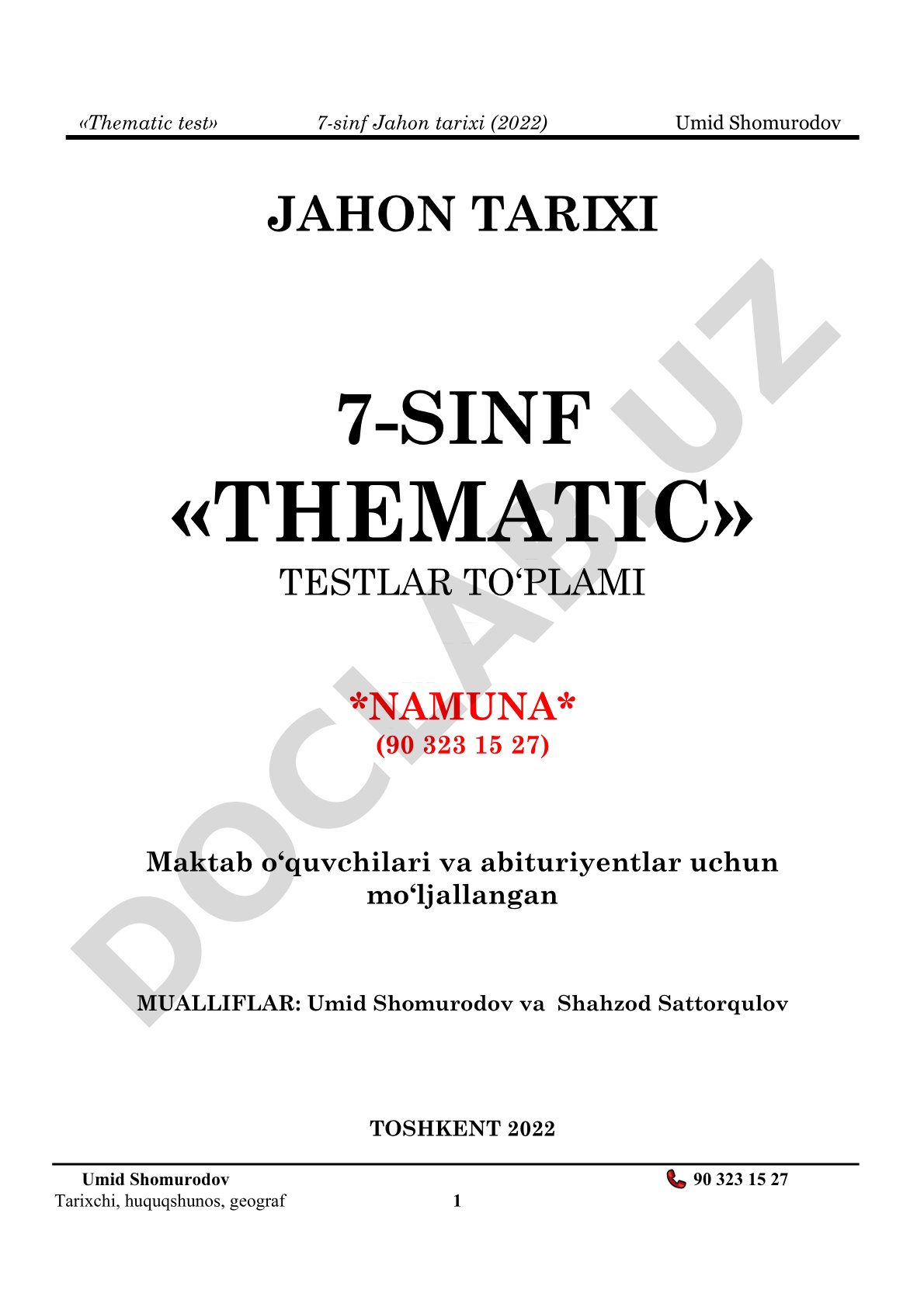 7-sinf Jahon tarixi fanidan tematik testlar to'plami