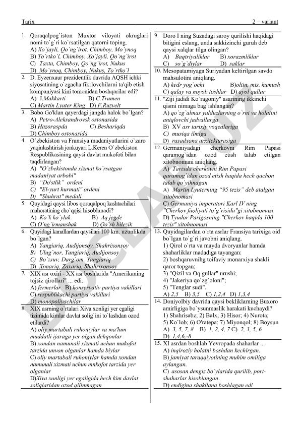 Tarix fanidan test savollari