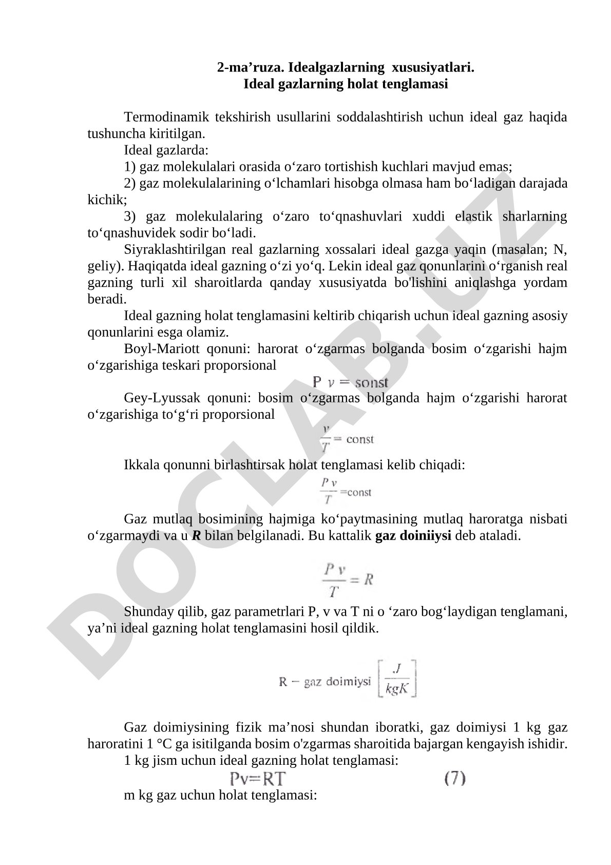 Ideal gazlarning xususiyatlari. Ideal gazlarning holat tenglamasi