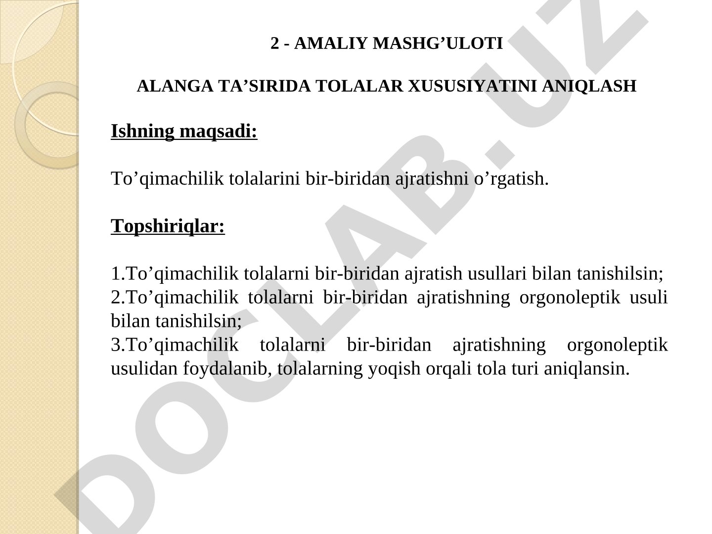 Alanga ta’sirida tolalar xususiyatini aniqlash