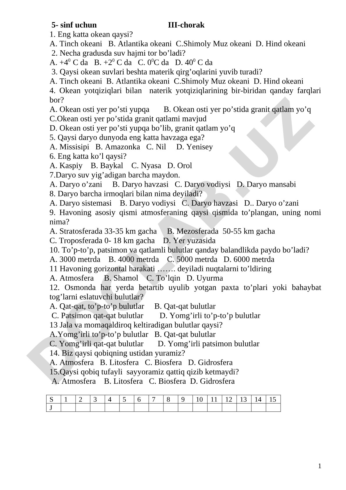 5-sinf geografiya III-chorak test savollari