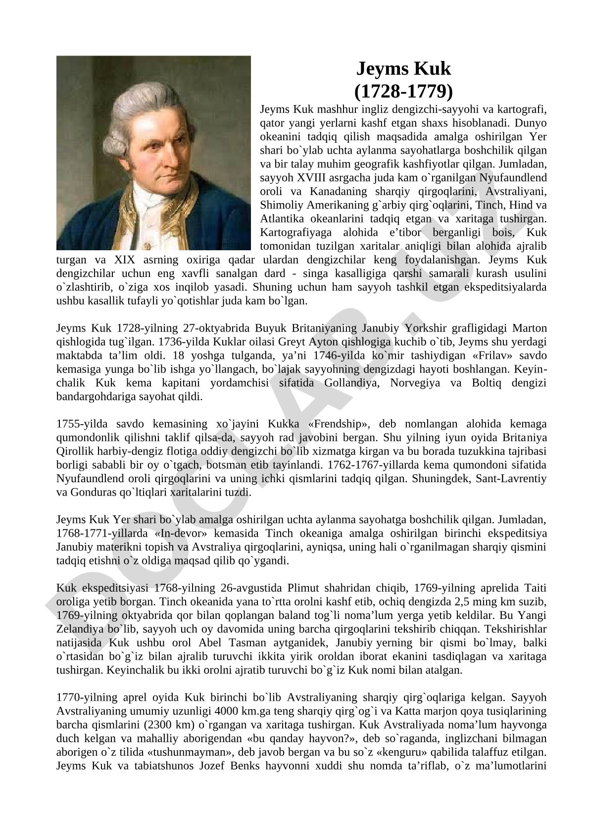 Jeyms Kuk (1728-1779) hayoti va kashfiyotlari