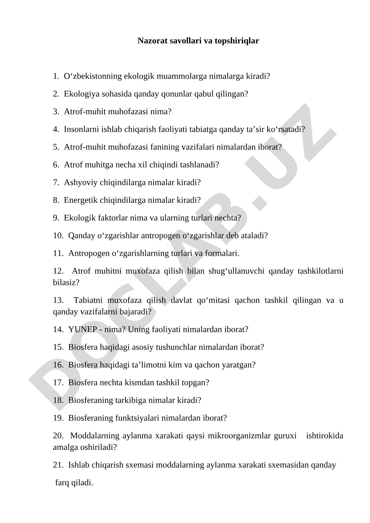 Ekologiya va atrof-muhit muhofazasi fanidan nazorat savollari