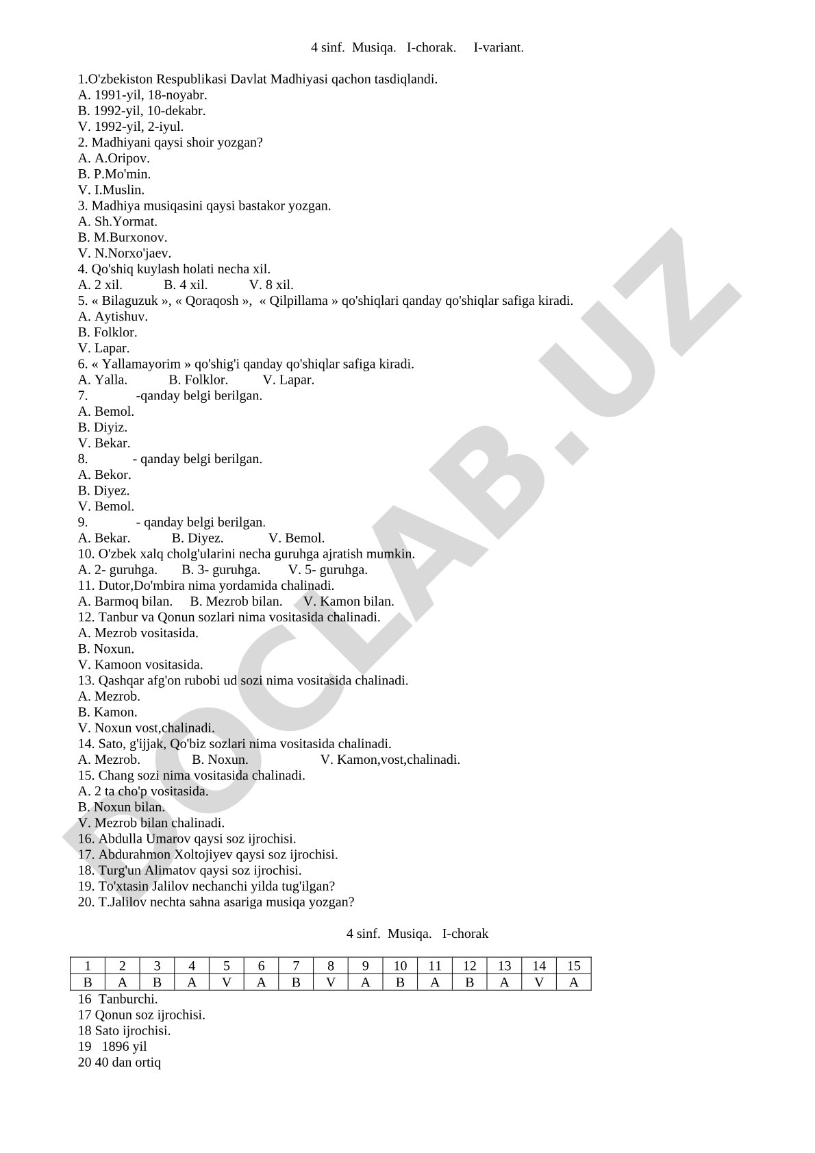 4-sinf Musiqa I-chorak I-variant test savollari