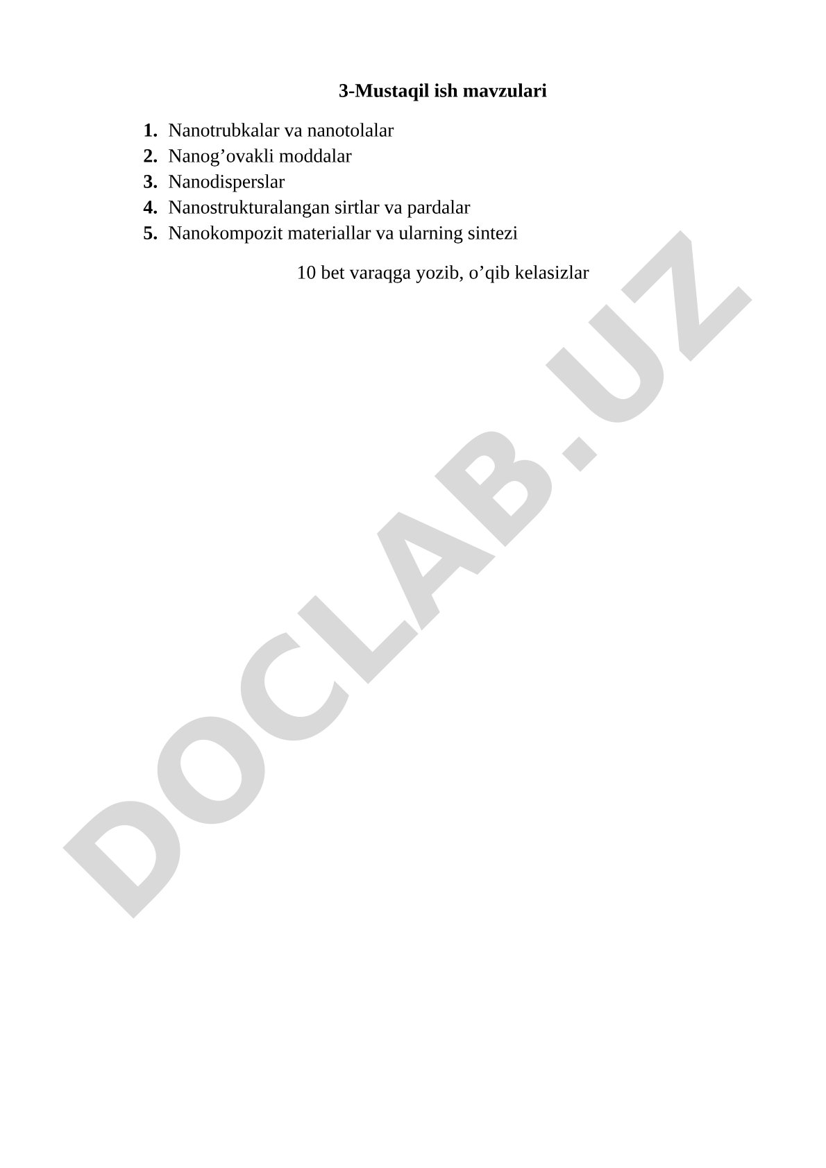 Nanotrubkalar, nanotolalar, nanog'ovakli moddalar, nanodisperslar, nanostrukturalangan sirtlar, pardalar, nanokompozit materiallar va ularning sintezi