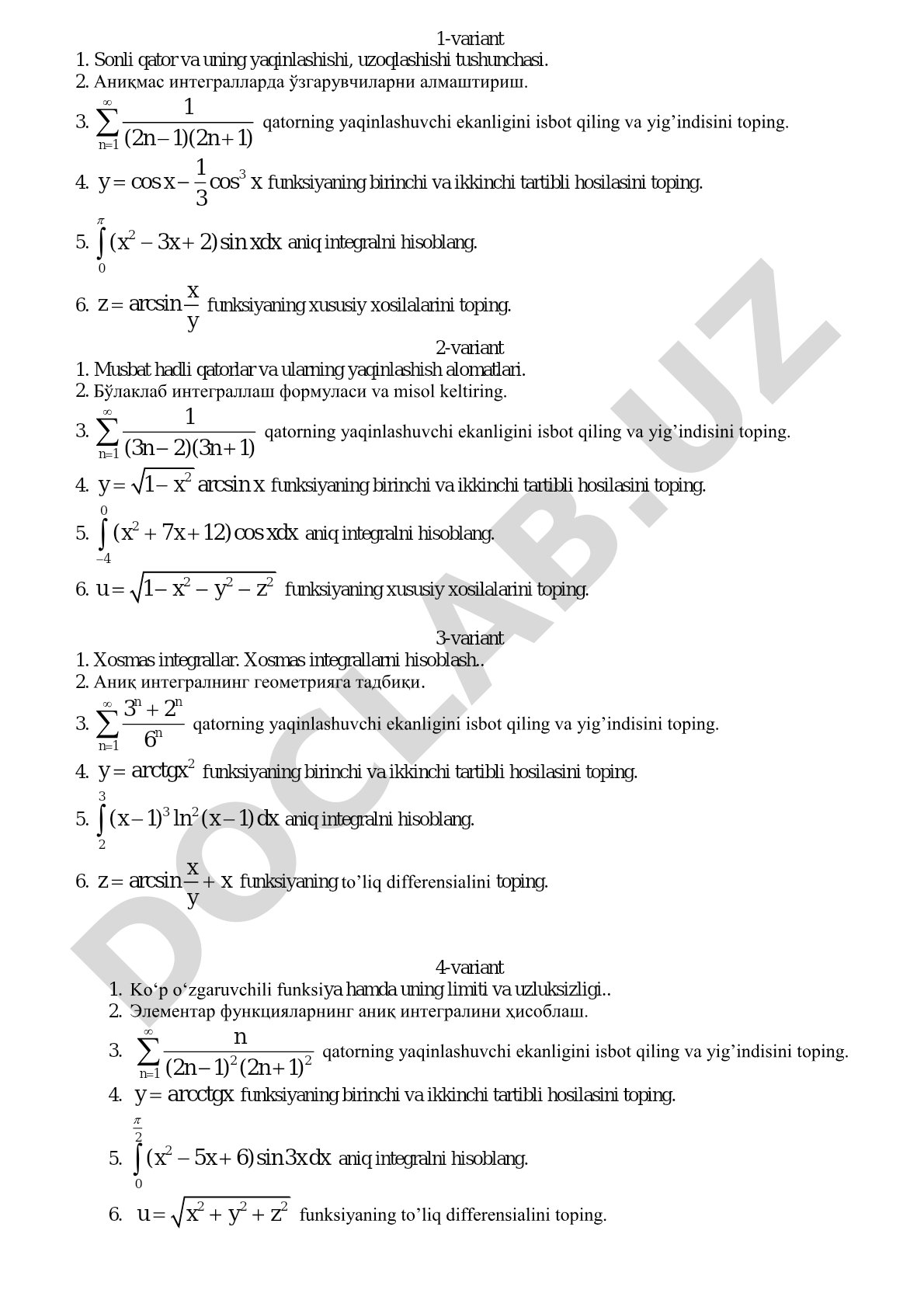 Sonli qatorlar va integrallar bo'yicha test variantlari