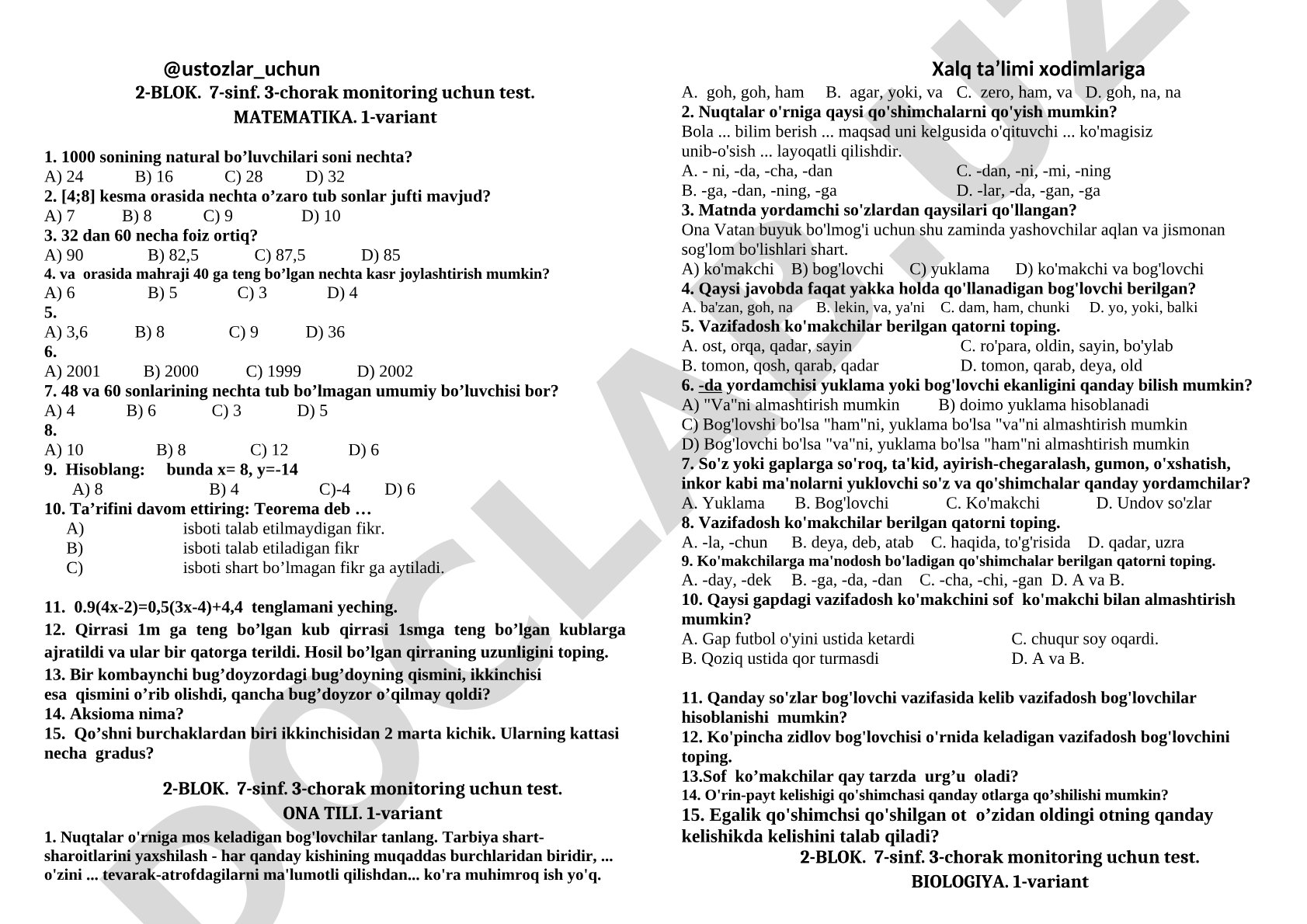 7-sinf 3-chorak monitoring uchun matematika testi