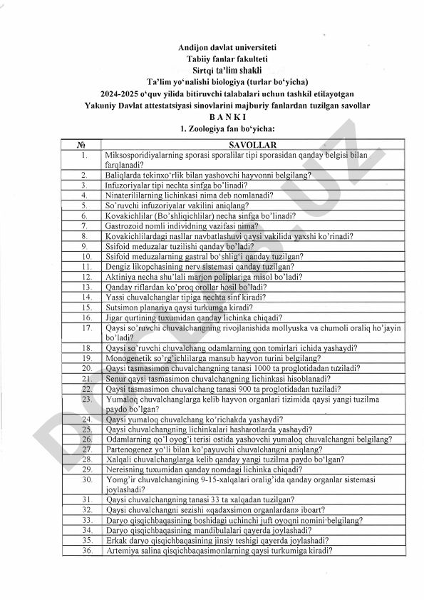 Biologiya fanidan Yakuniy Davlat attestatsiyasi savollari