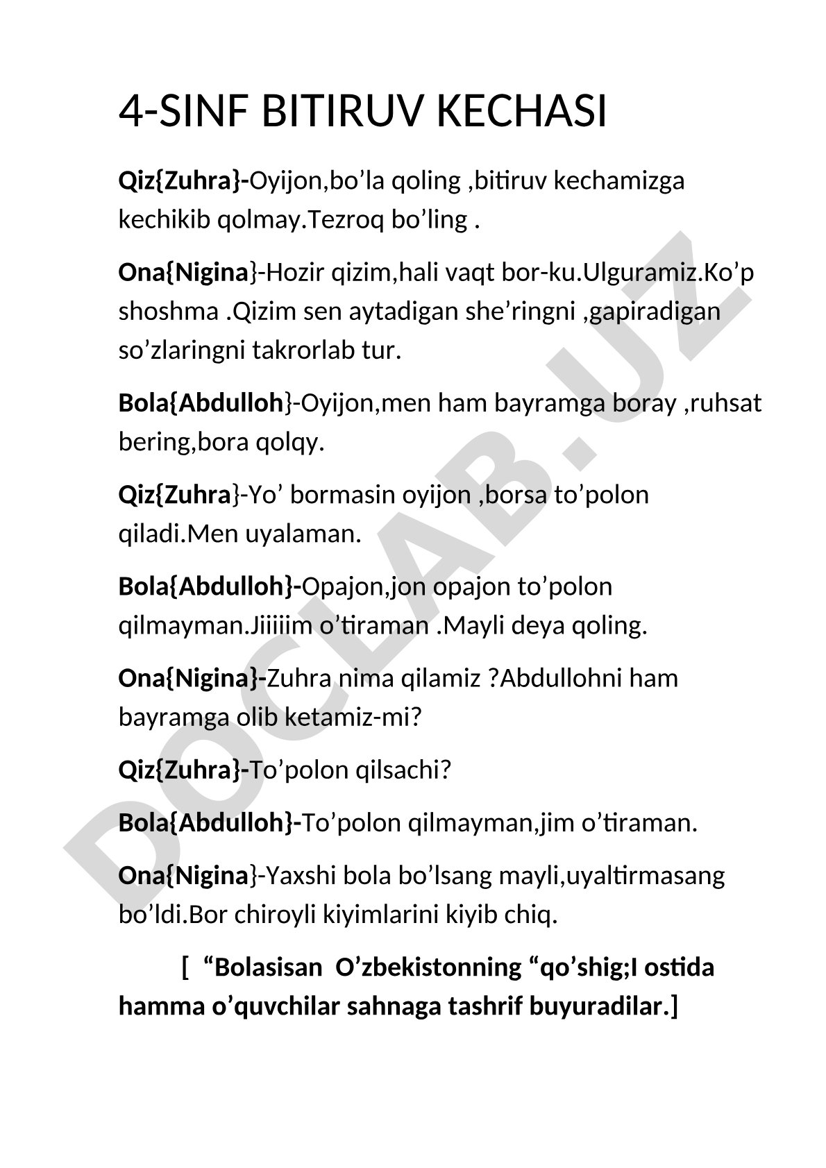 4-sinf bitiruv kechasi ssenariysi