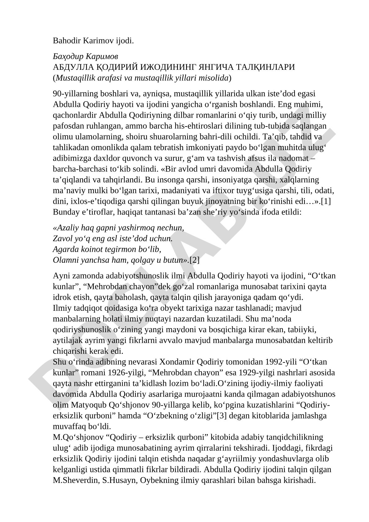 АБДУЛЛА ҚОДИРИЙ ИЖОДИНИНГ ЯНГИЧА ТАЛҚИНЛАРИ(Mustaqillik arafasi va mustaqillik yillari misolida)