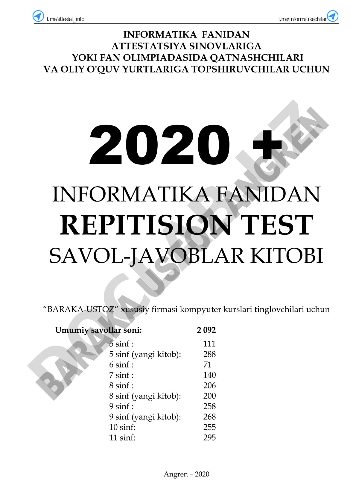 Informatika fanidan repetitsion test savol-javoblari
