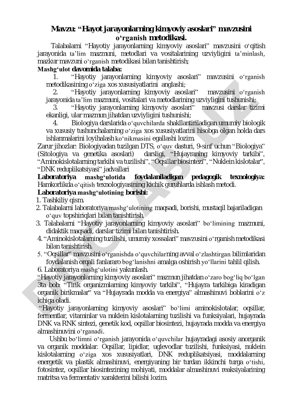 Hayot jarayonlarning kimyoviy asoslari mavzusini o'rganish metodikasi