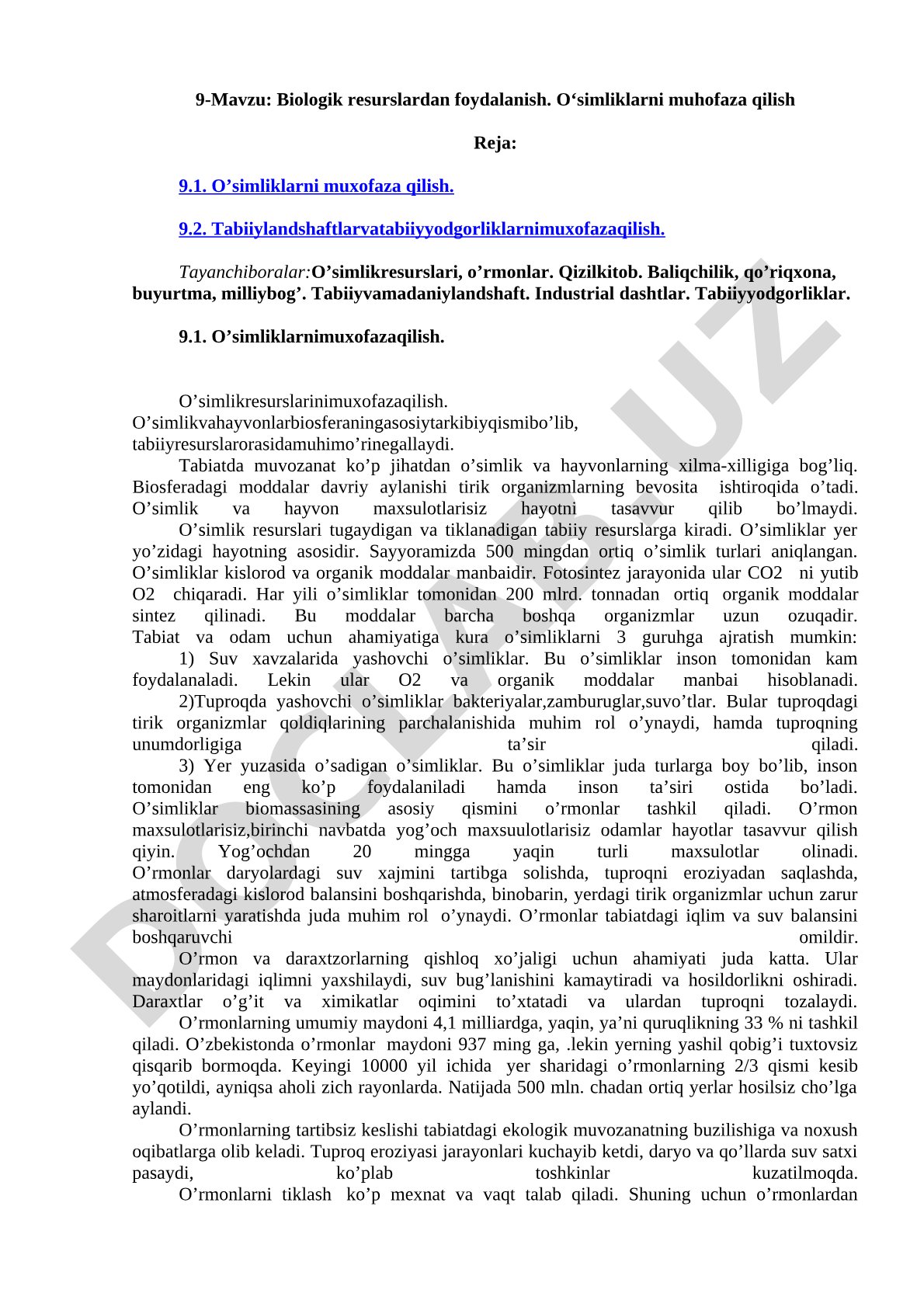 Biologik resurslardan foydalanish. O‘simliklarni muhofaza qilish
