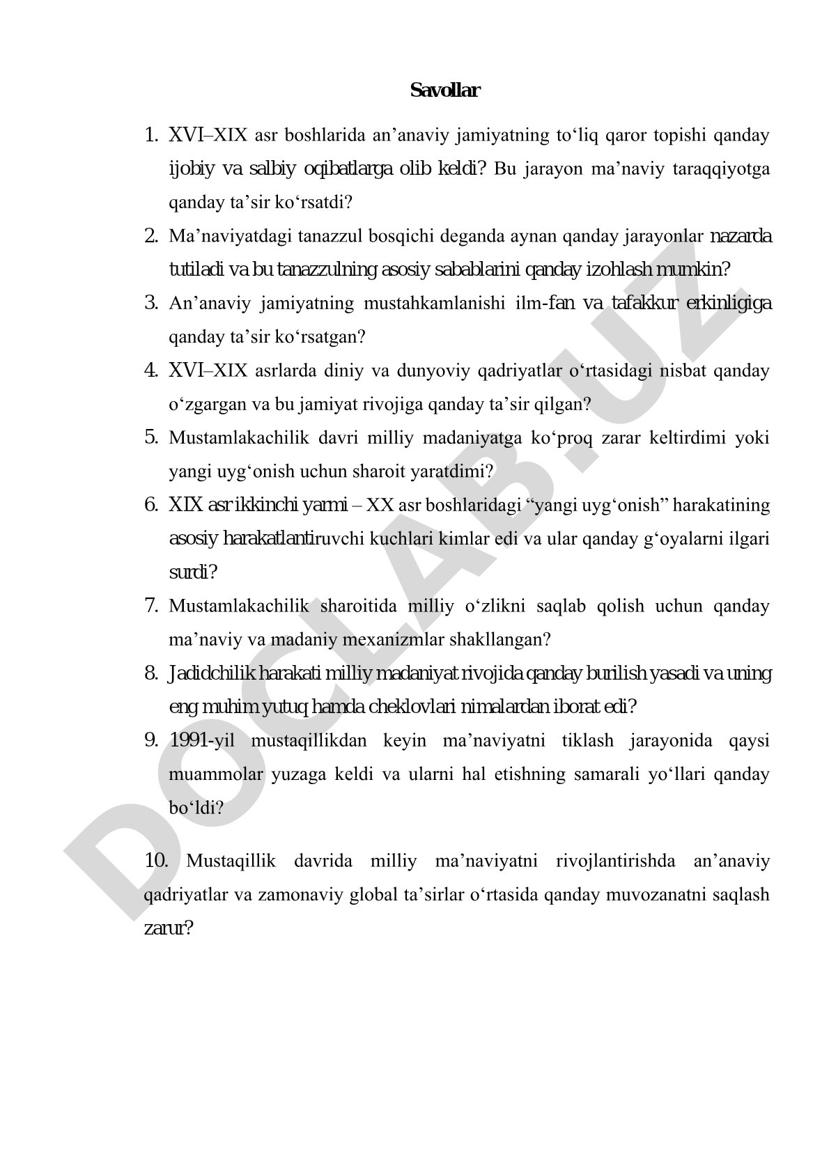 XVI–XIX asrlar va mustaqillik davrida ma'naviyat tarixi