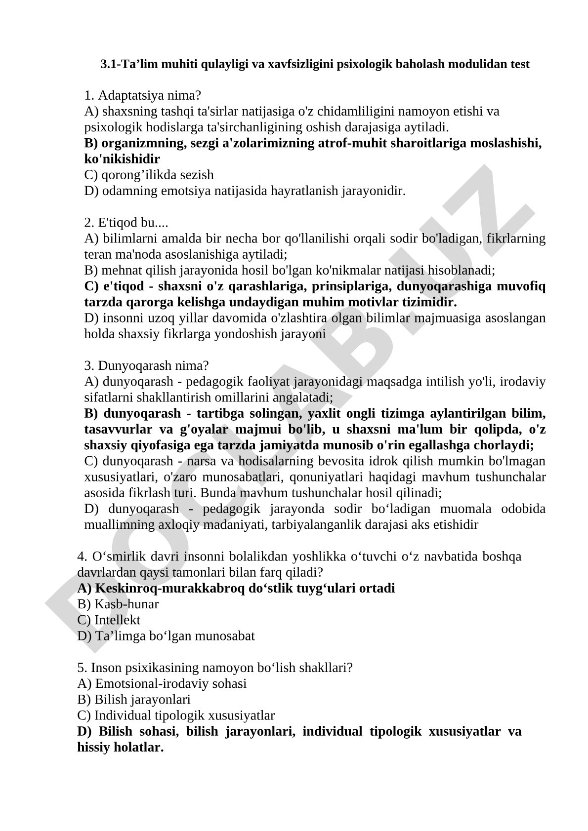 Ta’lim muhiti qulayligi va xavfsizligini psixologik baholash