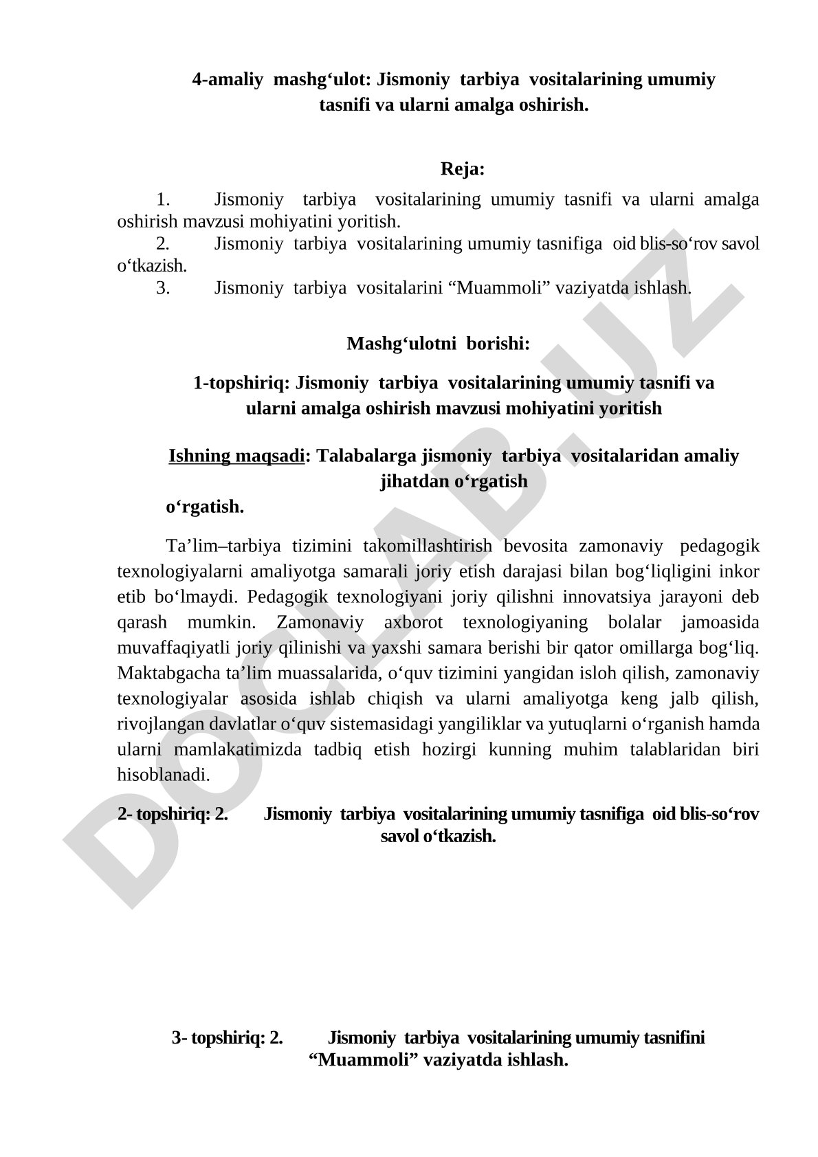 Jismoniy tarbiya vositalarining umumiy tasnifi va ularni amalga oshirish