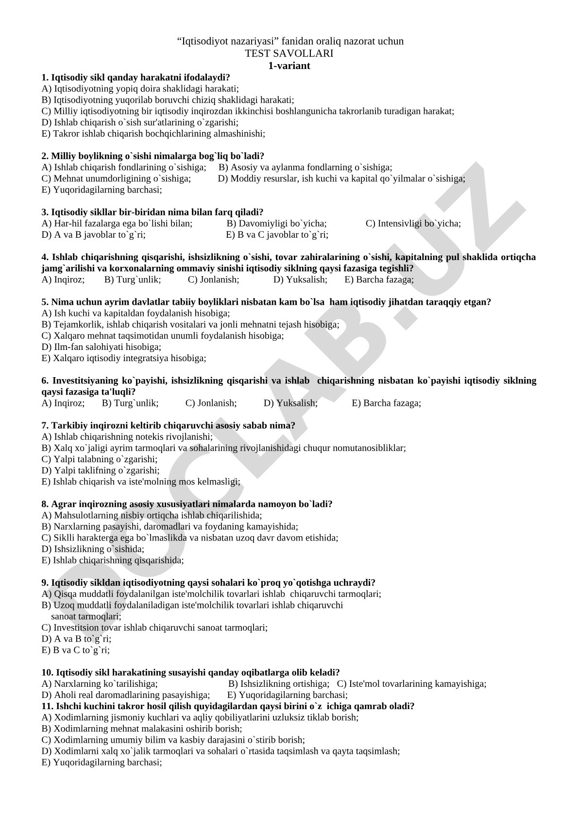 Iqtisodiyot nazariyasi fanidan oraliq nazorat test savollari 1-variant