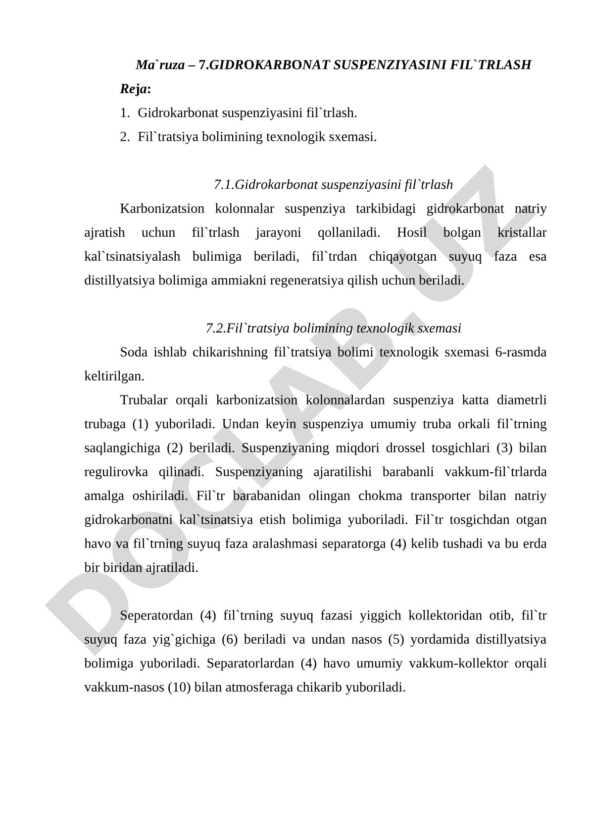 Gidrokarbonat suspenziyasini filtrlash jarayoni va texnologik sxemasi