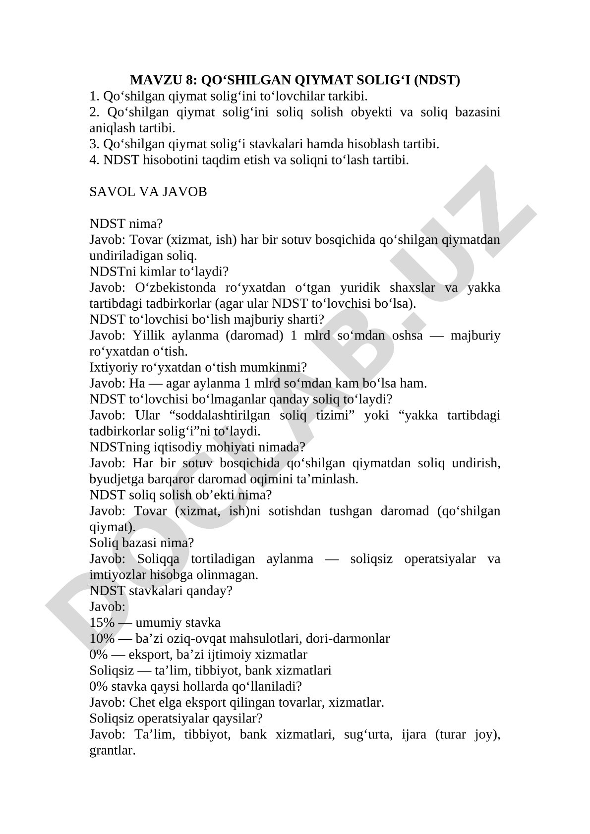 MAVZU 8: QO‘SHILGAN QIYMAT SOLIG‘I (NDST) 1