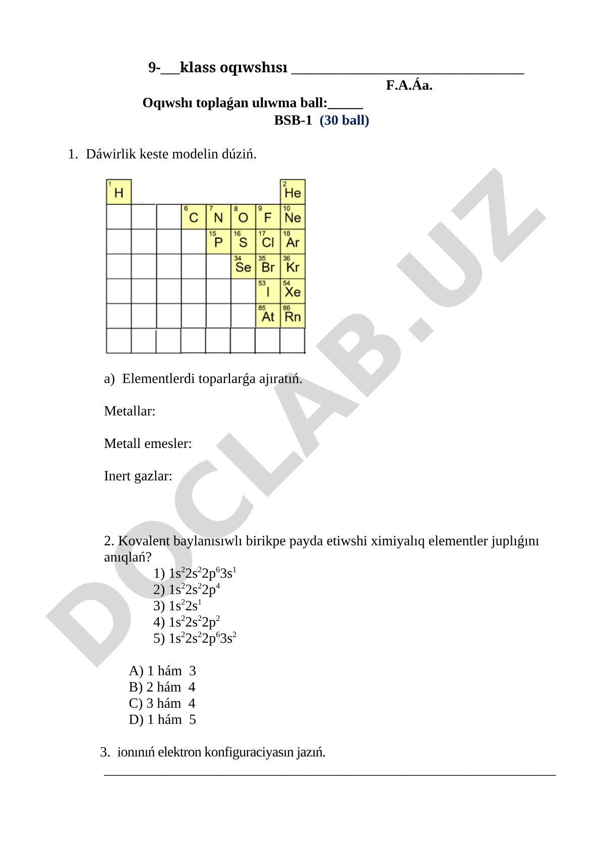 9-klas ximiyası boyınsha BSB-1 nazorat jumısı