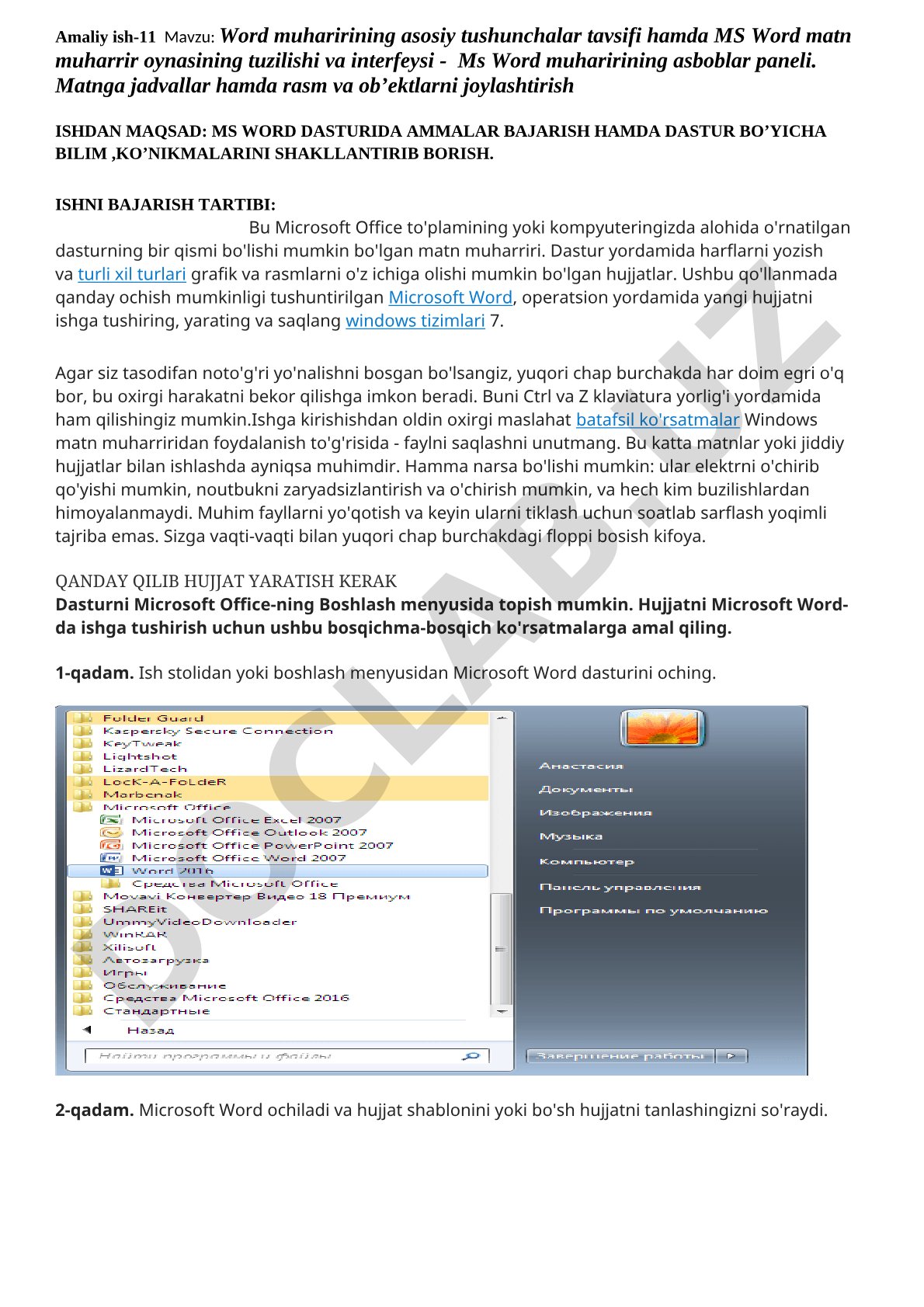 MS Word matn muharriri oynasining tuzilishi, interfeysi va matnga jadvallar hamda rasmlarni joylashtirish