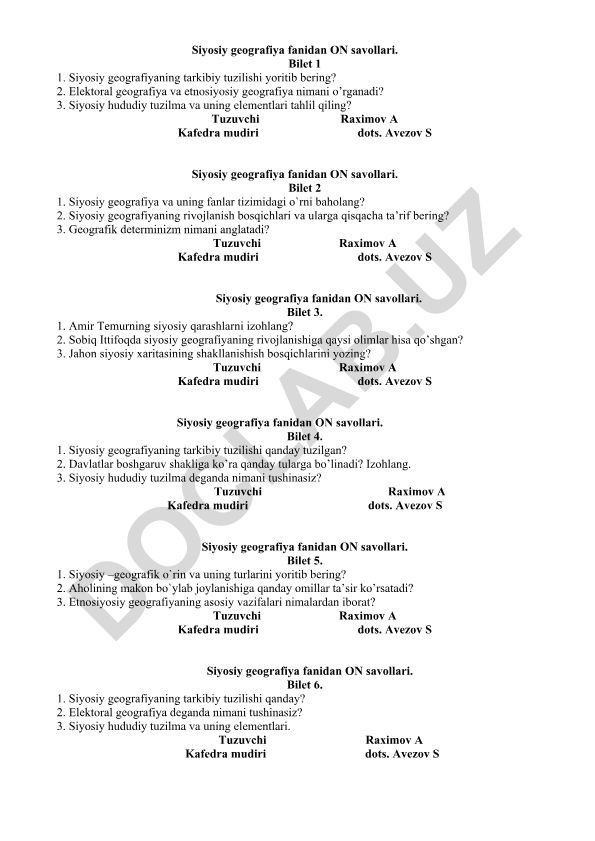 Siyosiy geografiya fanidan ON savollari