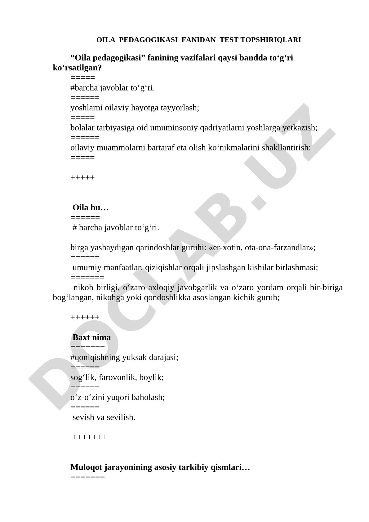 Oila pedagogikasi fanidan test topshiriqlari