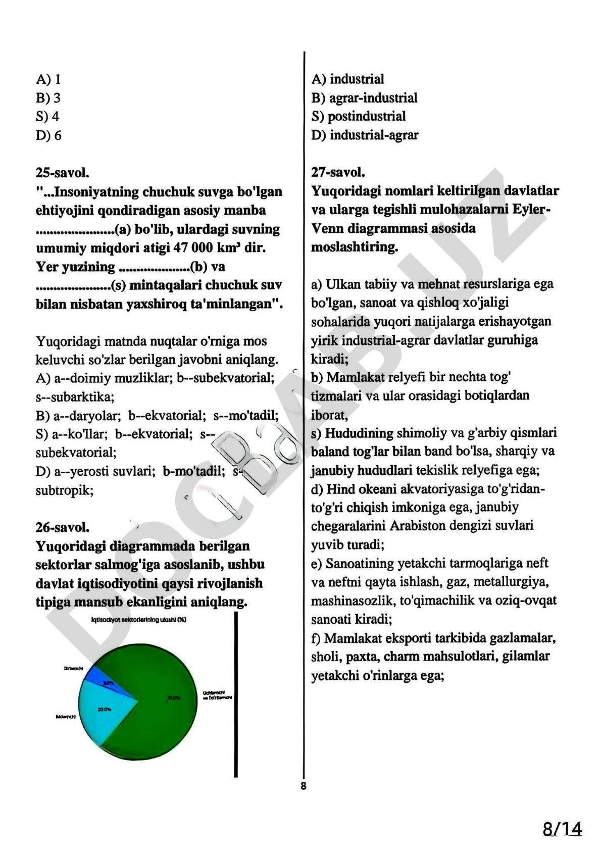 Geografiya testlari: suv resurslari, iqtisodiyot turlari