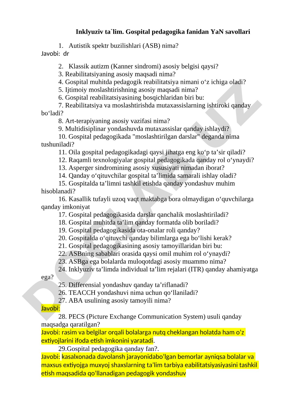 Inklyuziv ta'lim. Gospital pedagogika fanidan YaN savollari