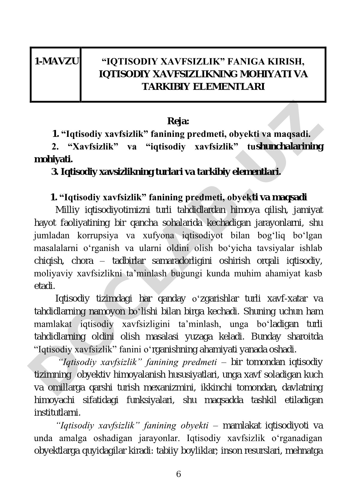 Iqtisodiy xavfsizlik faniga kirish, iqtisodiy xavfsizlikning mohiyati va tarkibiy elementlari
