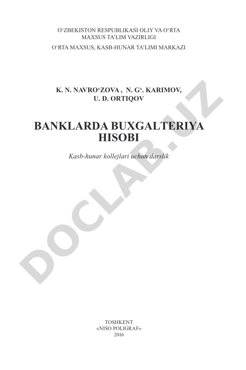 Banklarda buxgalteriya hisobini tashkil etish va yuritishga oid darslik