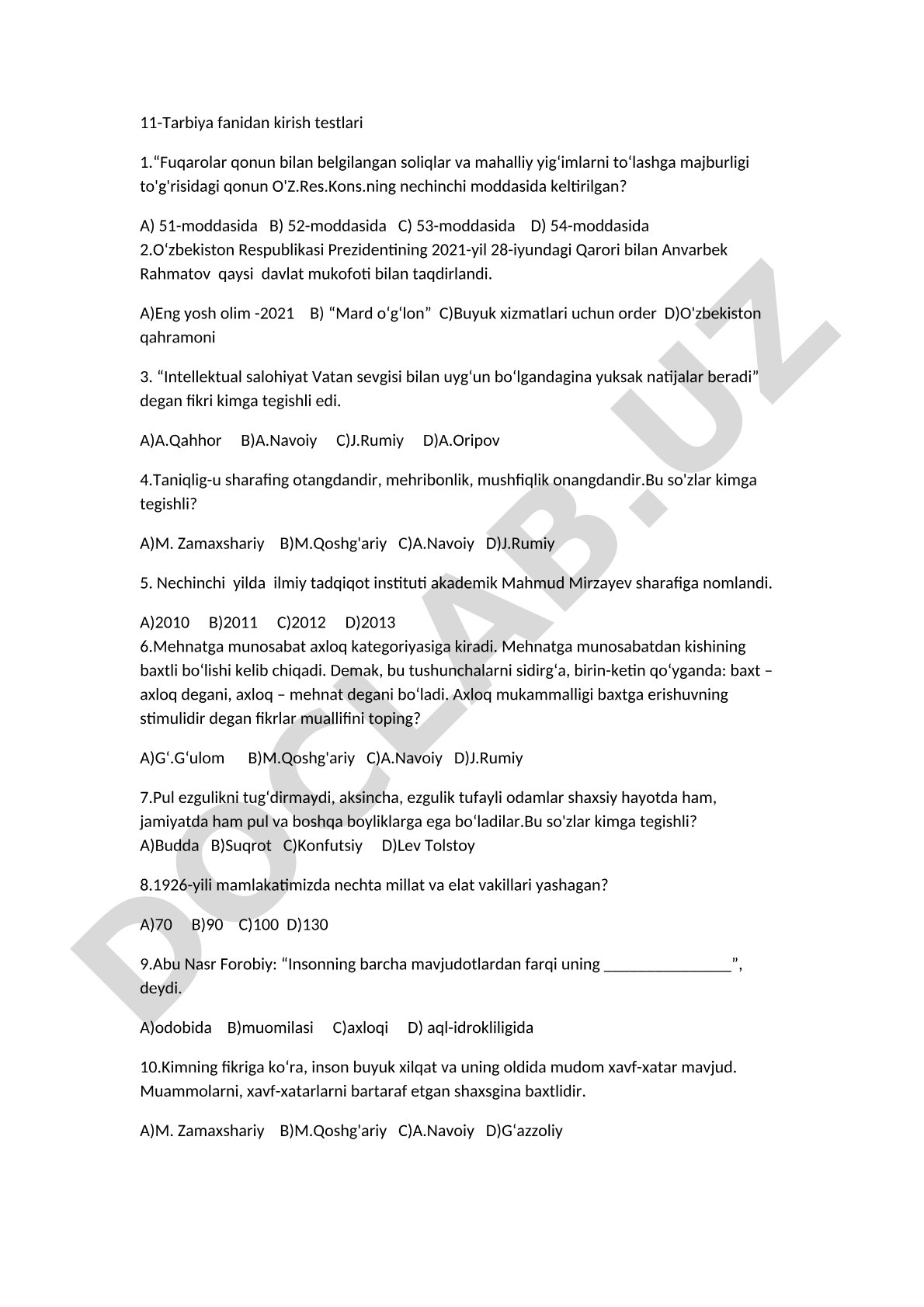 11-Tarbiya fanidan kirish testlari