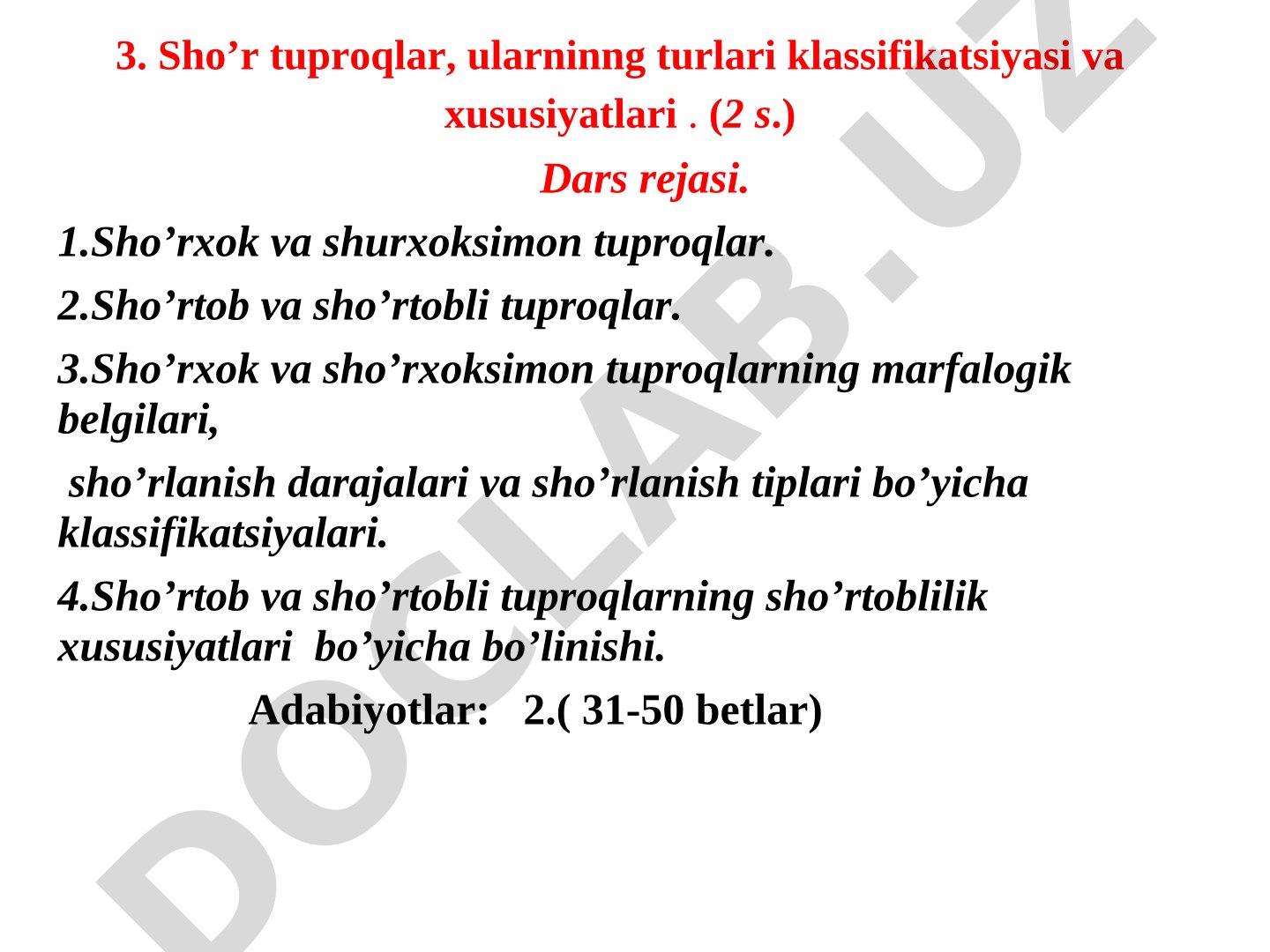 Sho’r tuproqlar, ularninng turlari klassifikatsiyasi va xususiyatlari