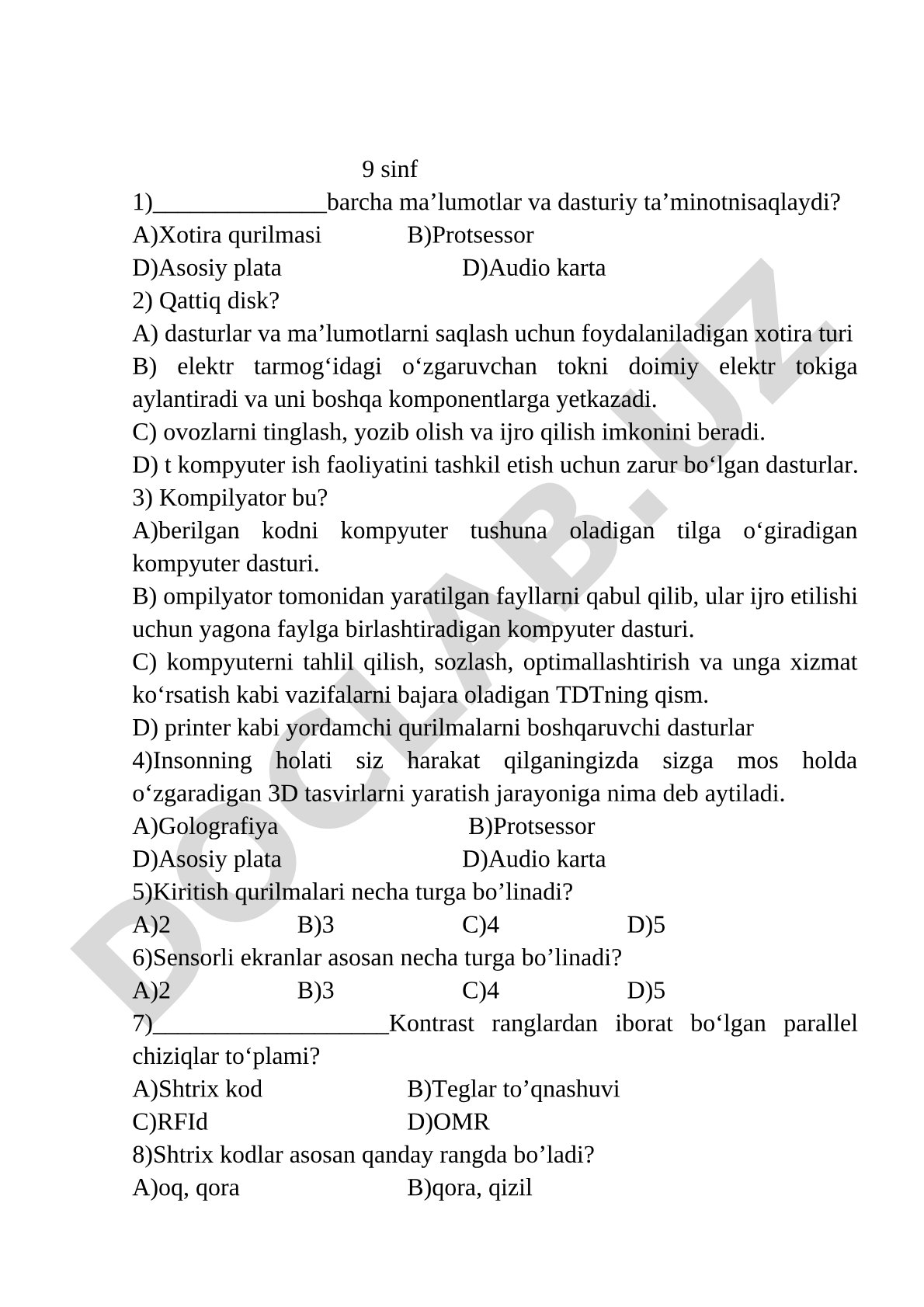 9-sinf informatika fanidan test savollari