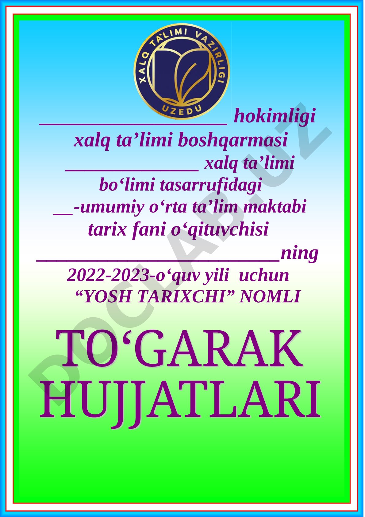 Yosh tarixchi to'garagi ish rejasi