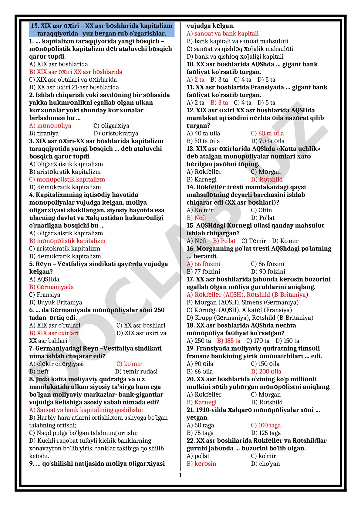 XIX asr oxiri – XX asr boshlarida monopolistik kapitalizm shakllanishi