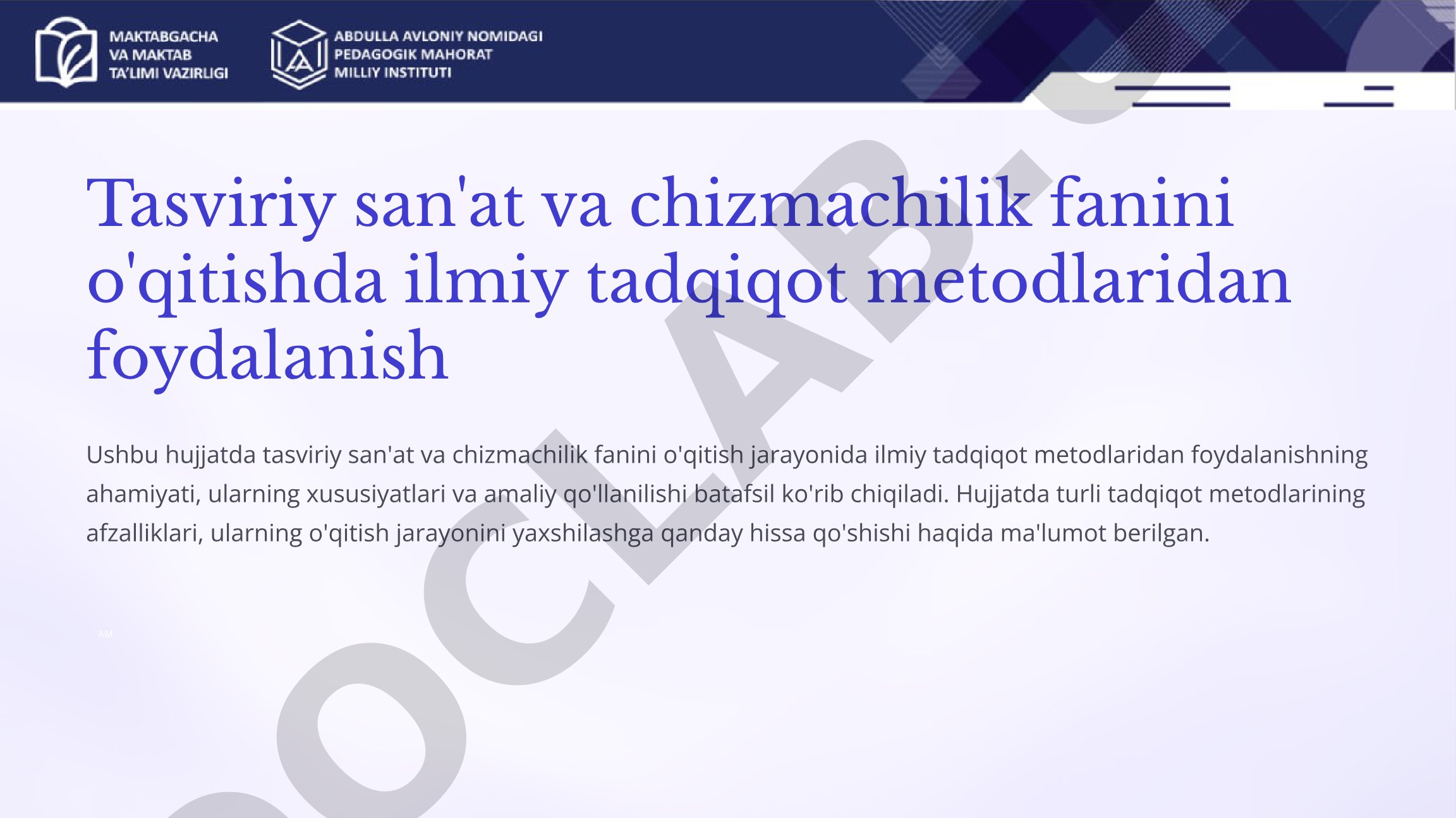 Tasviriy san'at va chizmachilik fanini o'qitishda ilmiy tadqiqot metodlari
